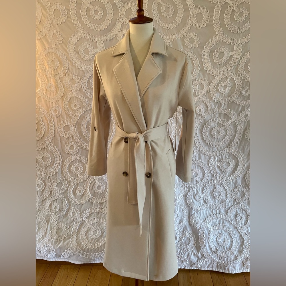 Dex double breasted knit Women's Trench Coat soft, larger buttons, pockets, ties